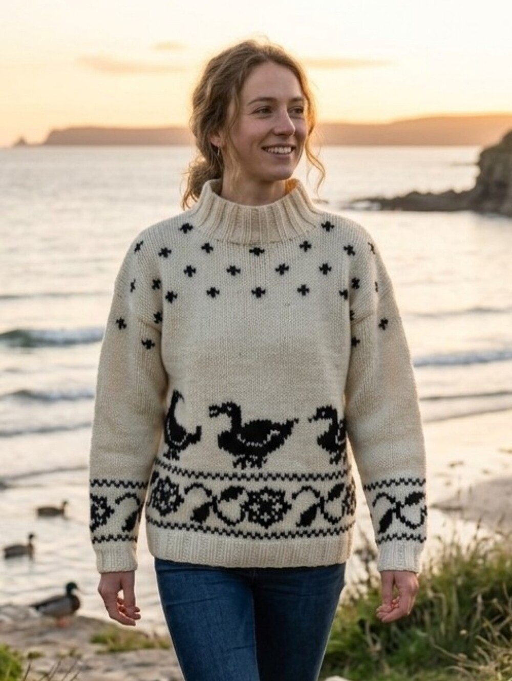 Cymbrion Women's Vintage Grandma Cream Wool Knit Duck Novelty Sweater Size Small